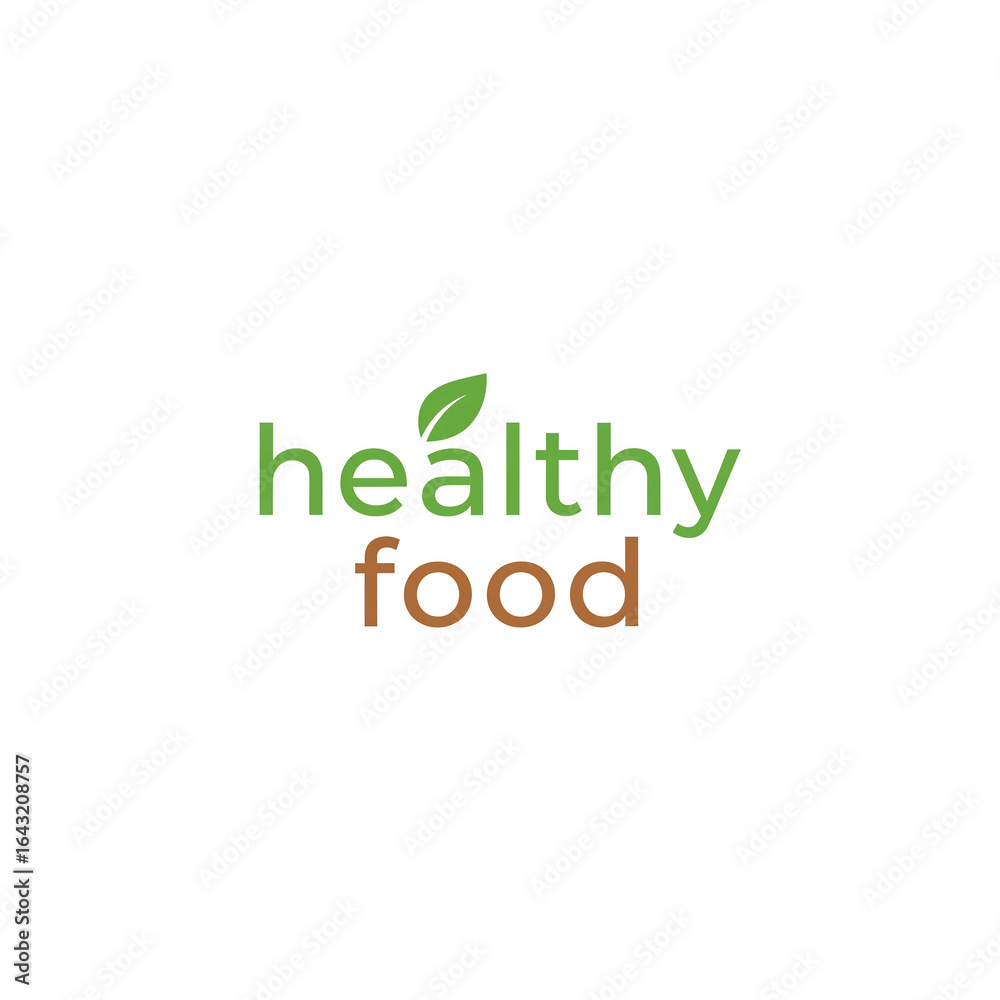 Fototapeta premium Logo design featuring the words 'healthy food' in green and brown colors with a leaf accent. Represents nutrition and wellness concepts.