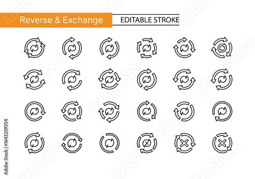 Collection of reverse and exchange icons illustrating cyclical processes and directional flow for graphic design