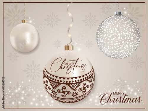 A pearly realistic Christmas bauble featuring a Christmas blessing with a decorative lace pattern.