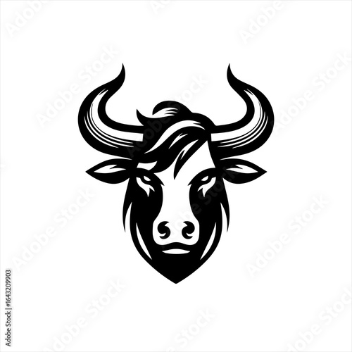Stylized black and white illustration of a bull s head