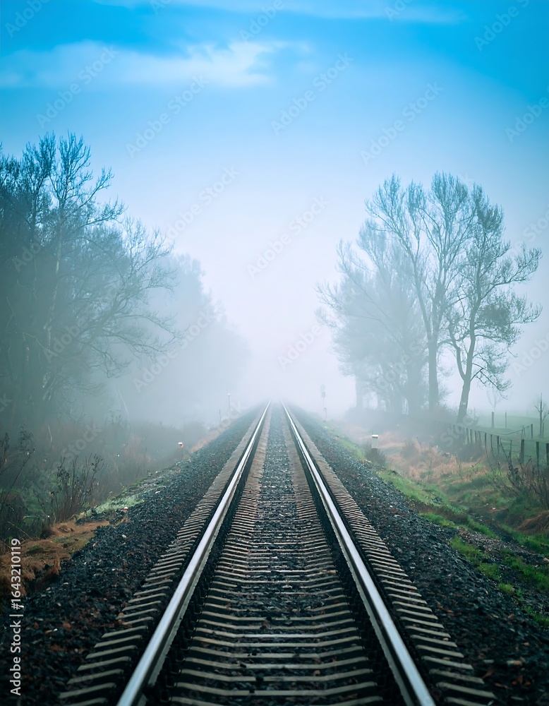 Fototapeta premium Misty morning railroad tracks receding into fog-shrouded trees