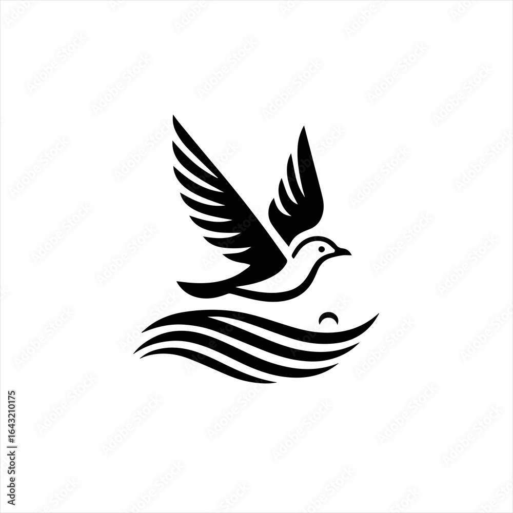 Fototapeta premium Stylized black bird flying over wavy water with a small circle