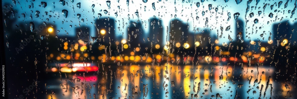 Obraz premium Blurry Panorama of a Modern City Silhouette Illuminated by Urban Lights in Rainy Weather at Night
