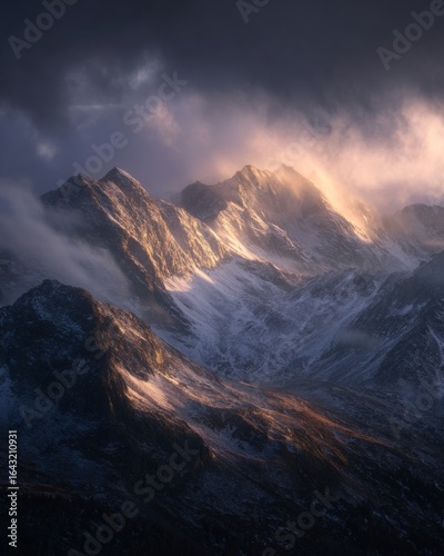 Dramatic mountain range at sunrise with low clouds, mist, and warm light across jagged peaks.