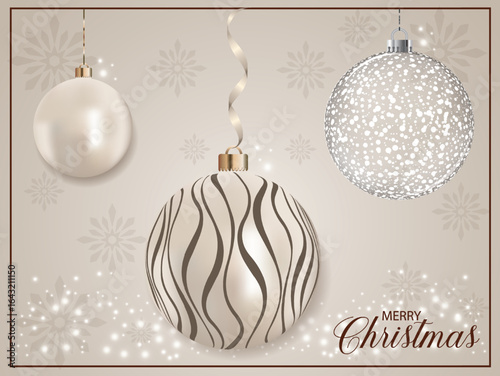 A realistic pearly Christmas ornament with a striped pattern set against a snowflake backdrop.