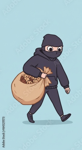 Cartoon burglar carrying a sack of stolen goods in a playful illustration
