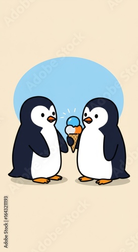 Penguins Sharing Ice Cream
