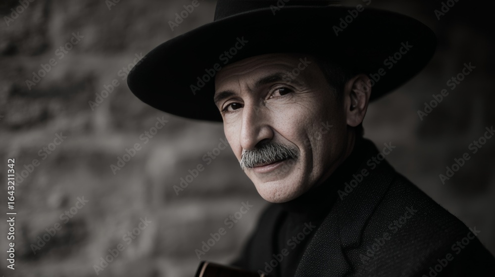 Elderly Hispanic man in wide-brim hat, timeless wanderer vibe, Dia de los Muertos eve, Solstice storyteller by twilight Elderly Hispanic man in wide-brim hat, timeless wanderer vibe, Dia de los Muertos eve, Solstice storyteller by twilight