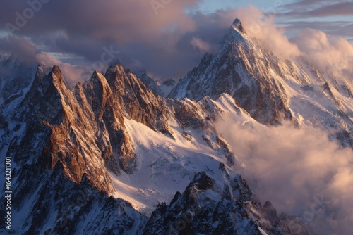 Dramatic mountain range at sunrise with low clouds, mist, and warm light across jagged peaks.