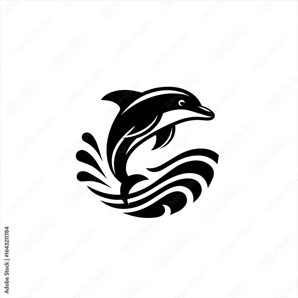 Naklejka premium Stylized black dolphin leaping through waves icon