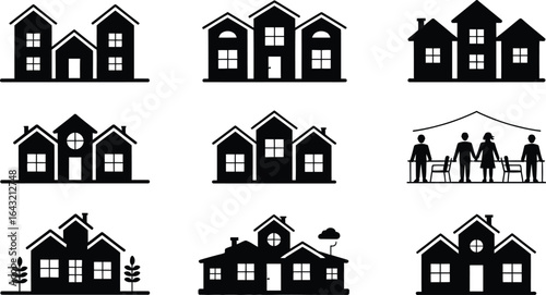 Diverse family and community icons featuring houses and people in silhouette