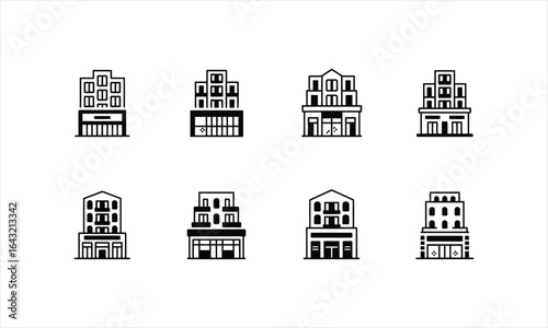 Modern multistory city buildings with ground floor silhouettes
