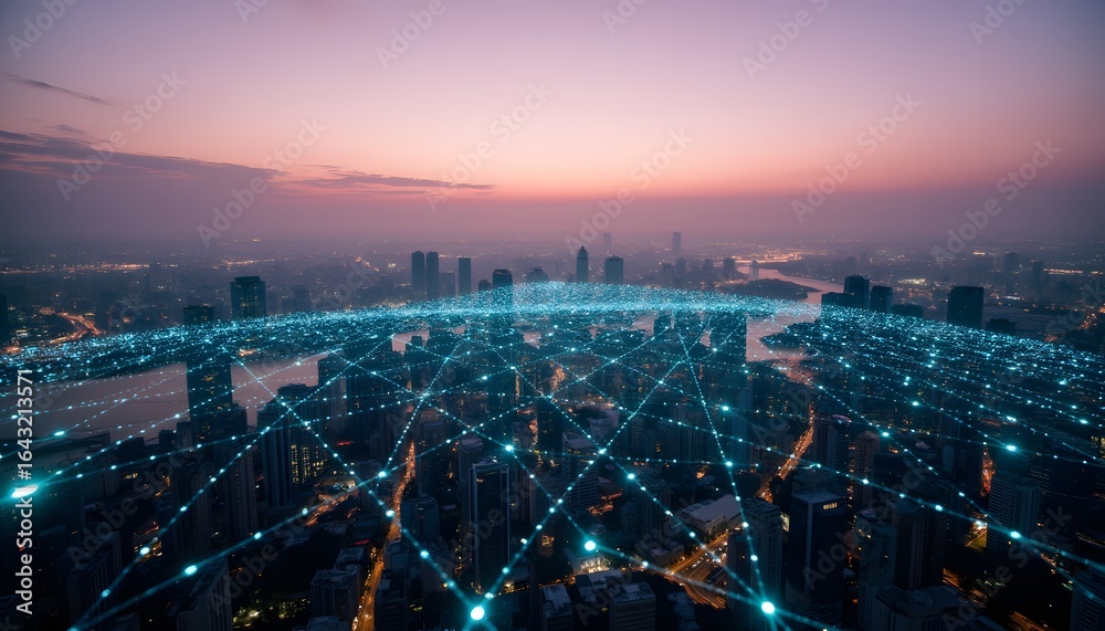 Fototapeta premium Urban Landscape at Dusk with Network Connectivity and Digital Overlay Effect
