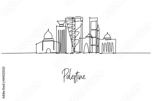 Palestine city skyline in a continuous line drawing, mixing Jerusalem and Ramallah landmarks—domes, arches and modern towers; a minimalist vector silhouette for architecture, culture and travel.