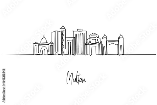 Multan, Pakistan city skyline depicted as a single line drawing, merging Sufi shrines, mausoleums and modern towers; a minimalist vector concept celebrating Punjab architecture, culture and travel.