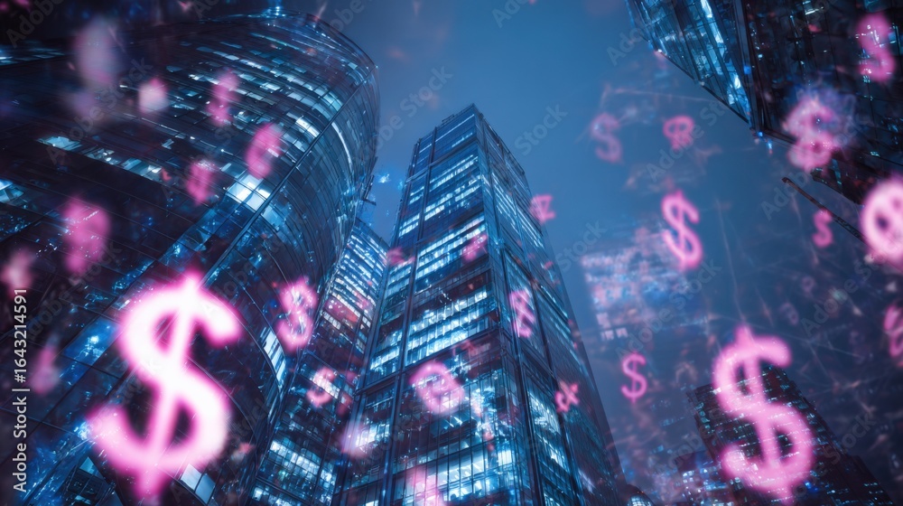 Obraz premium Skyscrapers Under Night Sky Displaying Currency Symbols: Finance, Investment, and Modern Business Concepts