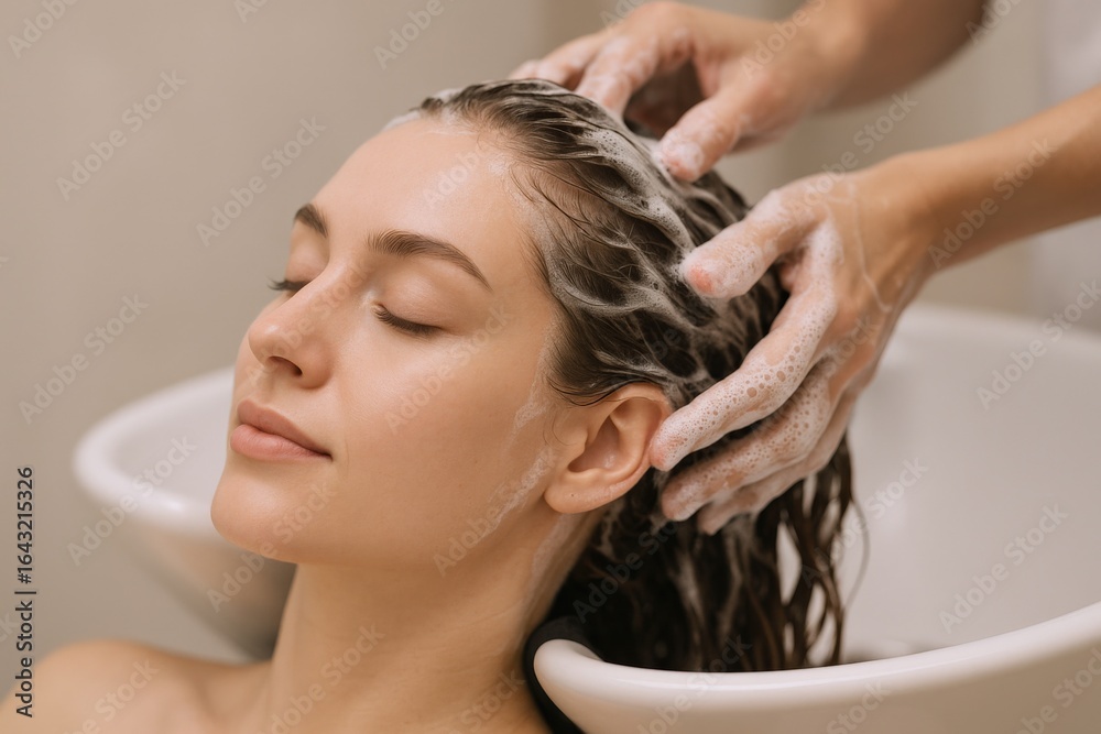 Fototapeta premium Woman Receiving a Relaxing Hair Wash at a Salon, Promoting Haircare and Wellness