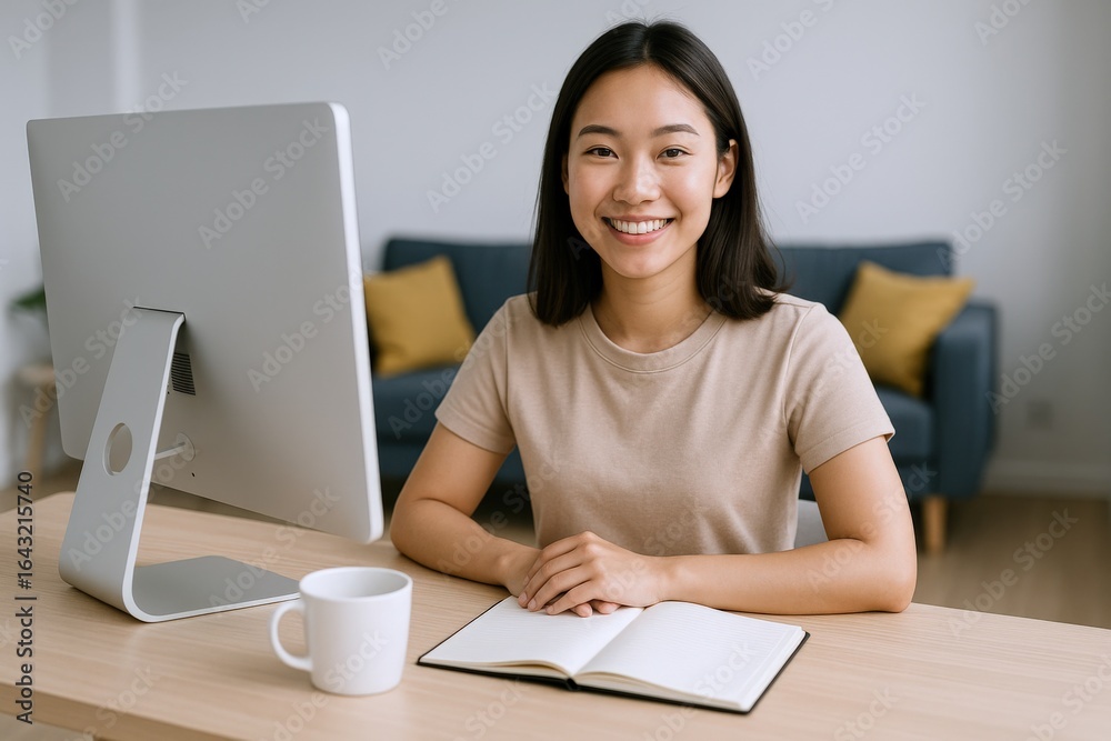 Young Asian Woman Smiling at Desk with Computer, Notebook, and Coffee at Home Young Asian Woman Smiling at Desk with Computer, Notebook, and Coffee at Home