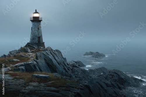 Misty lighthouse on rocky coast