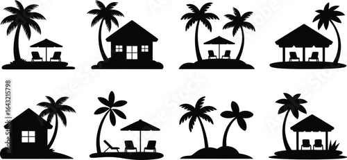Collection of tropical beach and house icons in a minimalist silhouette style