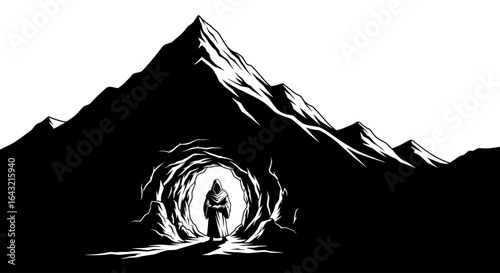 monk at cave entrance finding inner peace and spiritual journey in mountain solitude perfect for meditation spirituality and selfdiscovery themes