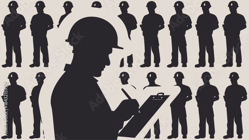 Silhouette illustration of construction workers in hard hats with one writing on clipboard | editable eps vectors