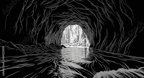 dark cave entrance mysterious river passage leading to light ideal for adventure mystery and exploration themed projects