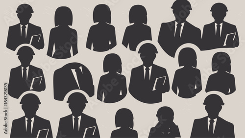 Silhouette illustration showing a group of engineers and professionals in a neutral background color | editable eps vectors