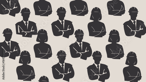 Pattern of silhouetted construction workers and professionals with arms crossed on a light background | editable eps vectors
