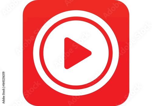 Red and white play button icon for video media player application interface and digital design