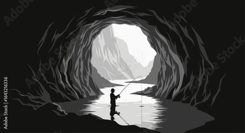 solitary fisherman seeking tranquility a monochromatic illustration of peaceful solitude and the pursuit of inner peace through nature