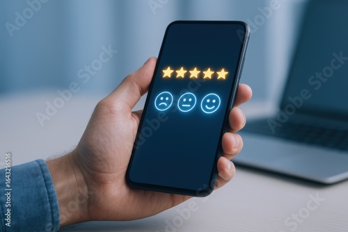 Wallpaper Mural Customer feedback displayed on a mobile phone screen with five star rating and emoticons. Torontodigital.ca