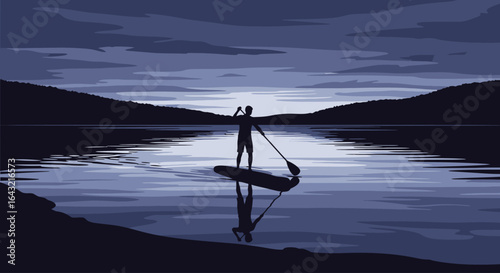 serene twilight paddleboarding find your inner peace on calm waters at sunset perfect for wellness and relaxation blogs travel websites or yoga studio marketing