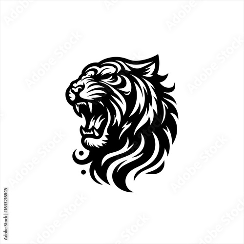 Stylized black and white tiger head roaring aggressively