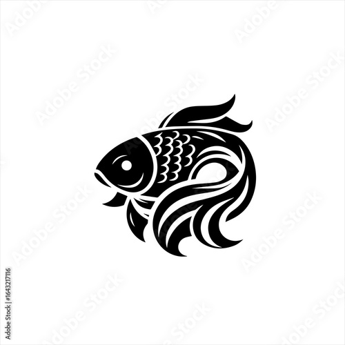 Stylized black fish with flowing fins and scales