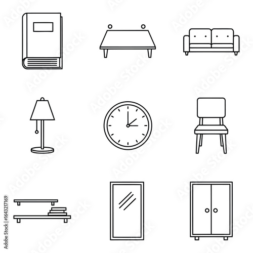 Art of set of furniture and home decor icons isolated on white background