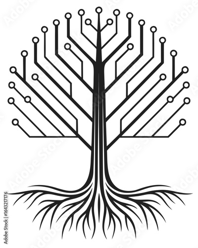 A futuristic circuit tree vector illustration isolated on white background, representing the fusion of nature and technology, and the growth of digital networks