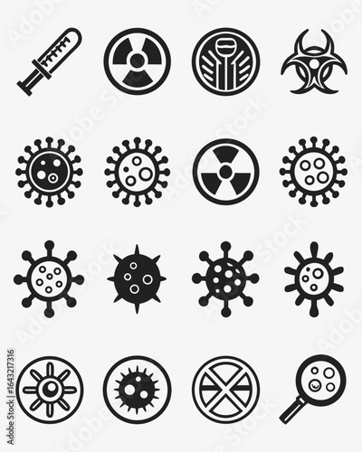 Collection of various virus and radiation hazard symbols isolated on white background, representing science, medicine, and potential health risks