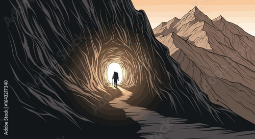 finding your path a silhouette of a hiker emerging from a mountain cave towards a bright future symbolizing hope perseverance and the journey to success