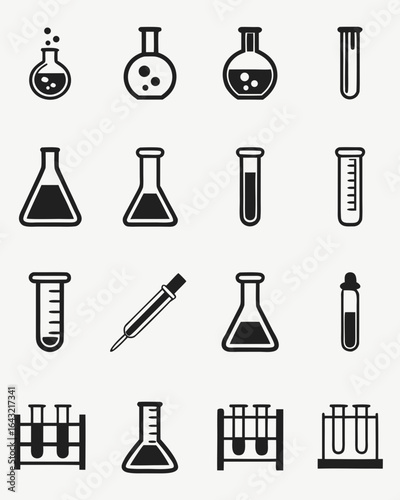 Collection of laboratory glassware icons isolated on white background, representing scientific research, chemical experiments, and medical analysis