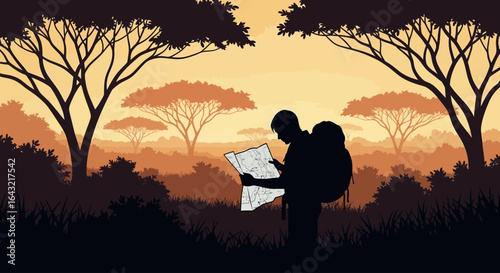 backpacker studying map at sunset in the african savanna finding your way to adventure and exploration