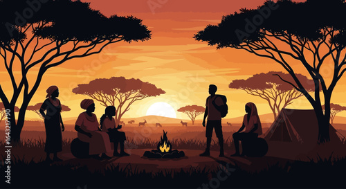 sunset safari silhouette of tourists and locals sharing a campfire under african acacia trees illustrating cultural exchange and adventure tourism