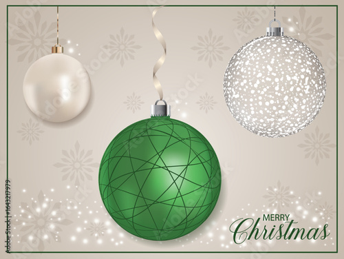 A green pearly Xmas bauble with a line pattern, placed on a background with snowflakes.
