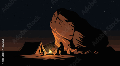 solitary night camping finding peace and tranquility under the stars near a majestic rock formation