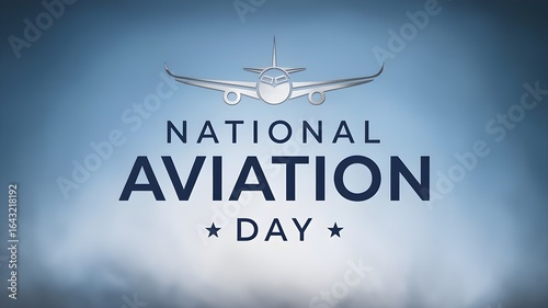 National Aviation Day text with sleek silver airplane logo on gradient sky background