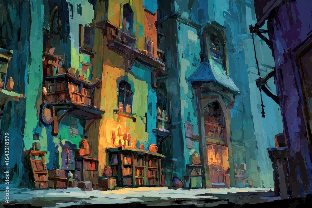 Fototapeta premium Colorful, stylized alleyway scene with buildings