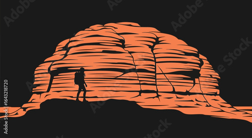 silhouette of a hiker contemplating a majestic sandstone cliff face at sunset inspiring adventure and perseverance