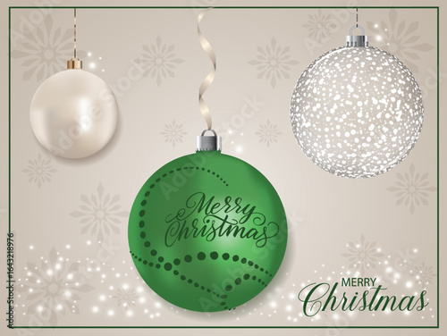 A green pearly ornament with a Christmas blessing and a stylish decorative pattern.
