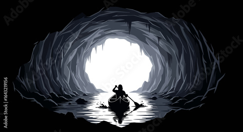 journey through darkness a silhouette of a canoeist paddling towards a bright exit from a dark cave symbolizing hope discovery and the overcoming of challenges