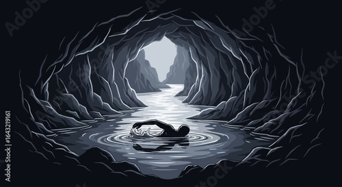 mysterious swimmer emerging from cave a dramatic illustration for adventure mystery or escape themes